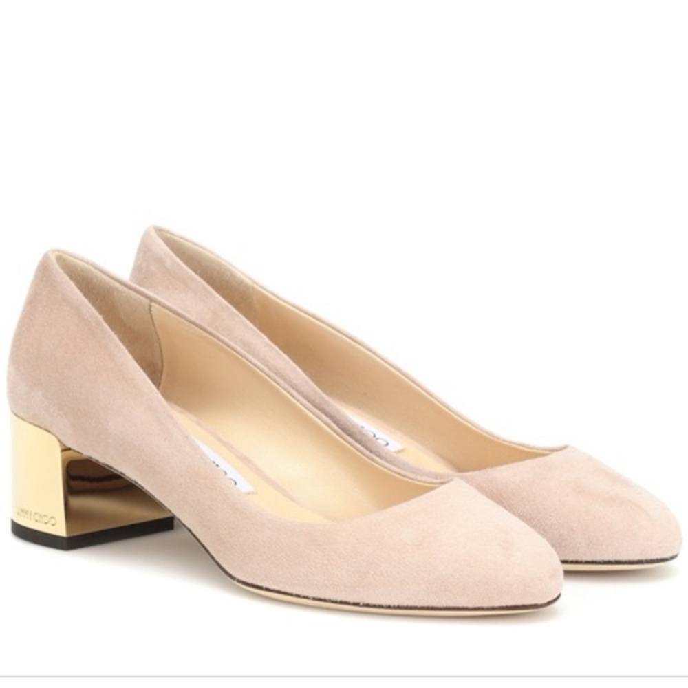 Jimmy Choo Jessie Beige Suede Gold Block Heel Low Pump 38.5 / 7.5-8